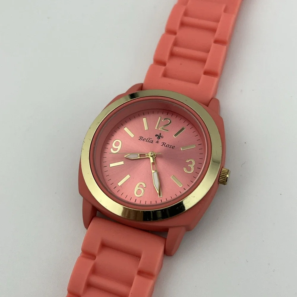 Bella & Rose Watch Women 40mm Case‎ Pink Silicone Band- New Battery